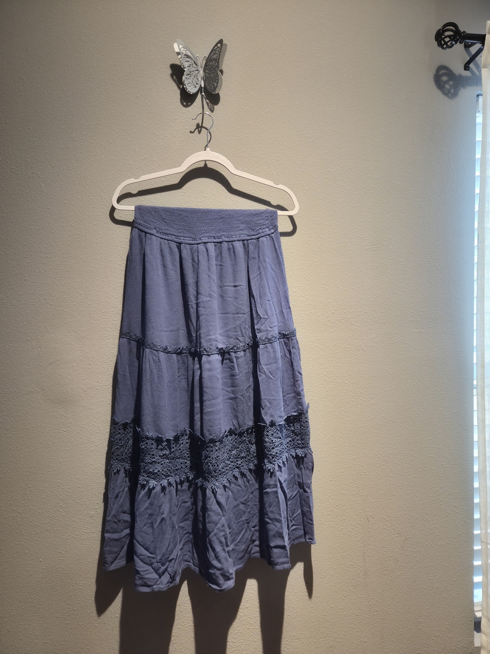Blue Tiered Maxi Skirt with Crochet Trim